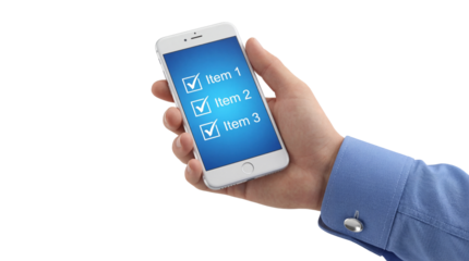 Professional hand holding smartphone displaying completed digital checklist items