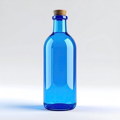 A vibrant blue glass bottle with a cork stopper on a white backdrop