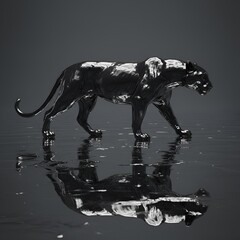 Black Panther Sculpture Onyx Glossy Surface Water Reflection Luxury Statue Predator Wildlife Noir Art Ornament