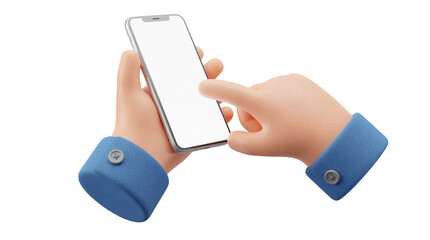 3D stylized hands tapping on a blank smartphone screen for digital interaction mockup