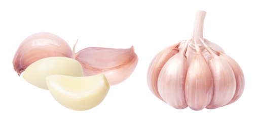 A whole garlic bulb and three peeled cloves are placed separately on a white background; it is widely used in traditional cuisine and medicine due to its distinctive flavor.