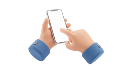 3D stylized hands interacting with a mobile smartphone device on a clean background