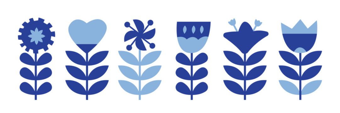 Nordic flowers set. Scandinavian floral design element. Blue and Light blue geometric folk flowers