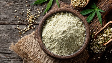 Hemp seeds and powder on rustic wooden table with green leaves