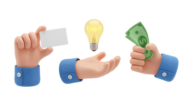 3D hands presenting business card, light bulb idea, and cash exchange illustration