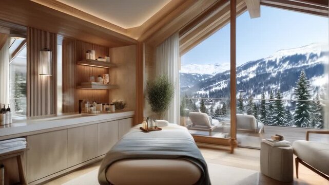 A luxurious spa room with a massage table, overlooking snow-covered mountains through large windows