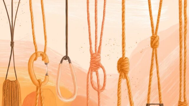 Illustration of various rope arrangements, knots and loops, in warm orange tones
