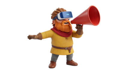 3D Character in Virtual Reality Headset Announcing with Megaphone
