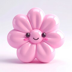 Pink, smiling, five-petaled flower with kawaii face, on white