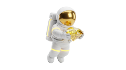 Stylized astronaut figure in zero gravity proudly presents a radiant golden gem