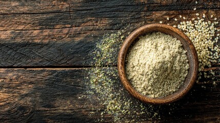 Hemp seeds and hempseed flour in a rustic wooden bowl on dark wood