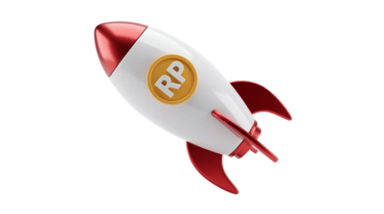 3D Rendered Rocket Launching with 'RP' Coin Symbolizing Financial Growth and Speed