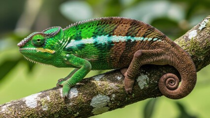 Obraz premium Close-up of a vibrant chameleon displaying stunning camouflage on a textured tree branch