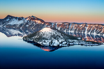 Sunrise Reflection at Crater Lake with Snow Covered Wizard Island, Oregon