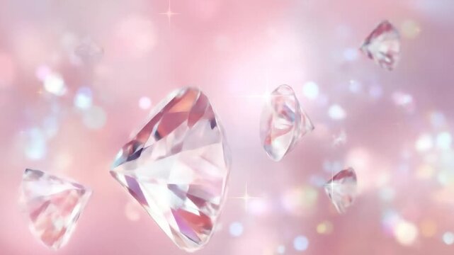 A dreamy scene of floating, glittering diamonds against a soft pink and bokeh background