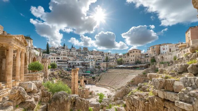 Ancient roman theatre ruins in jerash, jordan with cityscape and bright sky, 4k video