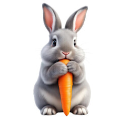 A cute gray rabbit holding a large orange carrot on transparent background