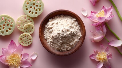 Natural lotus powder in wooden bowl with flowers and slices