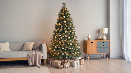 Christmas tree decorated with ornaments and gifts in living room near couch and lamp Generative AI