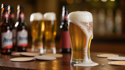 Friends enjoy cold drinks in a bar with frothy beer and bottles during an evening gathering Generative AI