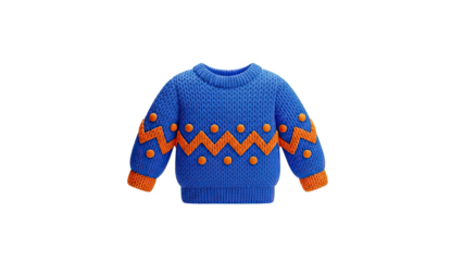 Blue and orange knit sweater with zigzag pattern and dots