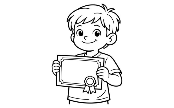 Happy cartoon boy holding a blank certificate with a ribbon and seal