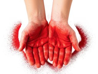 Hands holding red powder isolated on transparent background