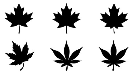 Maple and cannabis leaf silhouettes in different shapes and styles. Clean leaf symbols suitable for nature, plant, hemp, marijuana, logo, branding, signage, and print use.