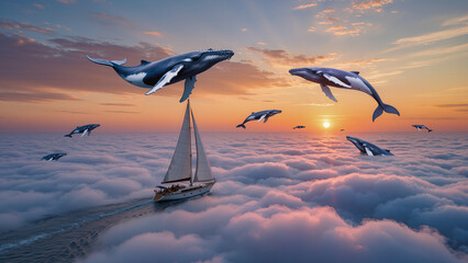 Whales swim through clouds while a sailboat moves under a colorful sunset sky Generative AI