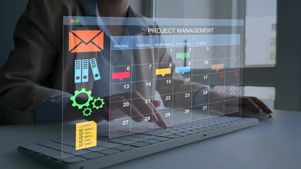 Calendar work schedule, business plan concept.Managing a scheduled meeting.Businesswoman manages time to work efficiently and on time on all projects.	
