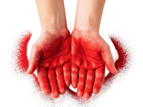 Hands holding red powder isolated on transparent background - Powered by Adobe