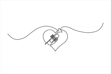 Fototapeta premium Minimalist continuous one-line drawing of a trumpet integrated with a heart shape and music notes. Sleek black vector art for jazz and romantic themes.