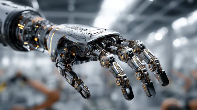Advanced robotic hand showcases innovation in technology and automation within a modern factory environment focused on production efficiency and precision engineering