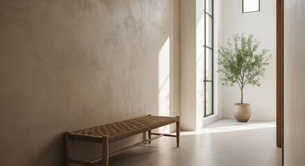 Minimalist interior hall with bench and plant