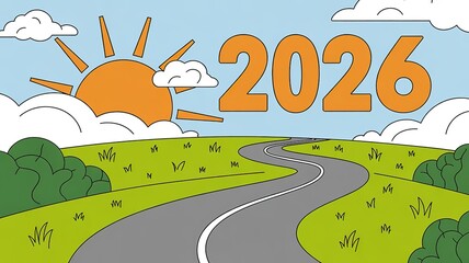New Year 2026 Illustration with Winding Road and Sunrise Sky Perfect for Future Planning and Visionary Design Projects