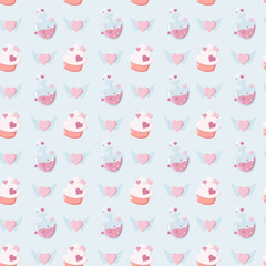 Obraz premium Seamless Valentine s Day pattern with cupcakes, winged hearts, and potion bottles on pastel blue. Ideal for festive wrapping paper, romantic cards, and digital backgrounds