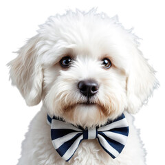 A white dog with a blue and white bow tie on transparent background