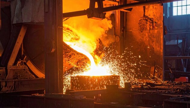 Molten Metal Pouring into Mold in Industrial Steel Mill.