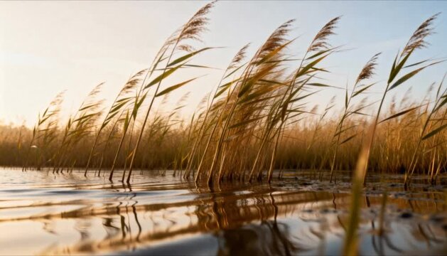 slow pan across marsh reeds swaying gently in breeze with warm morning light and reflective shallow water perfect for world wetlands day