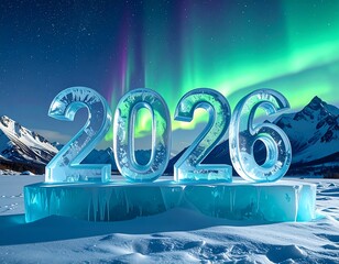Stunning digital rendering showcases the year "2026" sculpted from ice, set against a backdrop of aurora borealis over snowy mountains