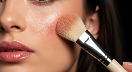 Woman applying blush with makeup brush