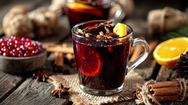 Warm mulled wine in glass mug with orange slice, star anise, cinnamon, and pomegranate seeds on rustic wood, 4k video