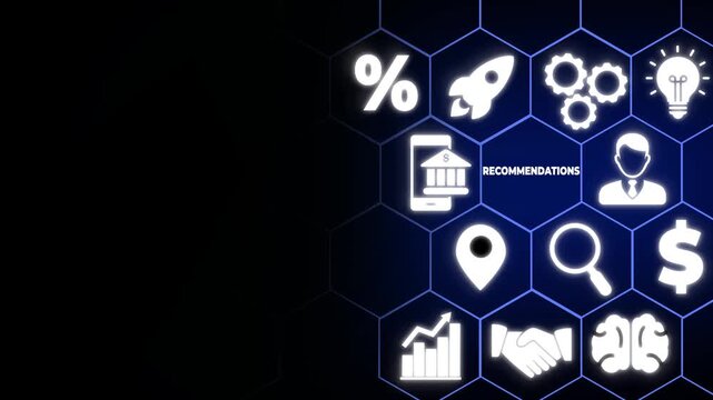Recommendations and business solutions concept. Businessman interacting with a digital interface displaying various business icons, emphasizing recommendations and strategic planning.