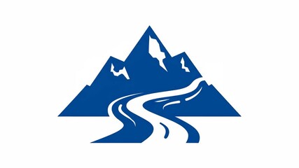 Blue Mountain Logo Design with a Winding River, Clean and Simple.