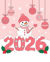 Cheerful 2026 New Year Snowman with Pink Ornaments and Festive Numbers on a Soft Pink Background Ideal for Holiday Greeting Cards and Winter Celebrations