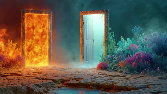 Two portals side by side one of fire and one of light, leading to different worlds, 4k video