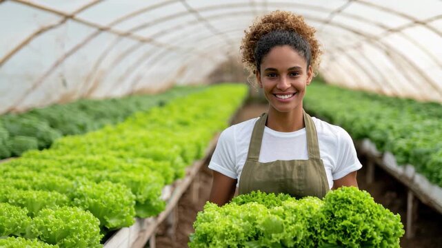 Smiling female farmer holding a crate of fresh lettuce inside a greenhouse tunnel with rows of green vegetables, 4k video
