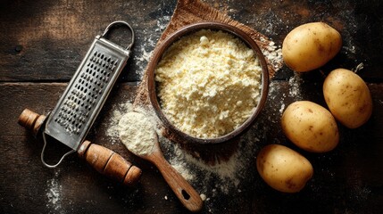 Potatoes and flour on a rustic wooden table with grater