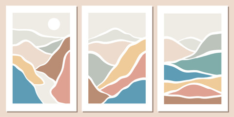 A collection of mountain backgrounds with simple wavy line patterns. Abstract templates with wavy patterns. Minimalist abstract mountain layout designs.
