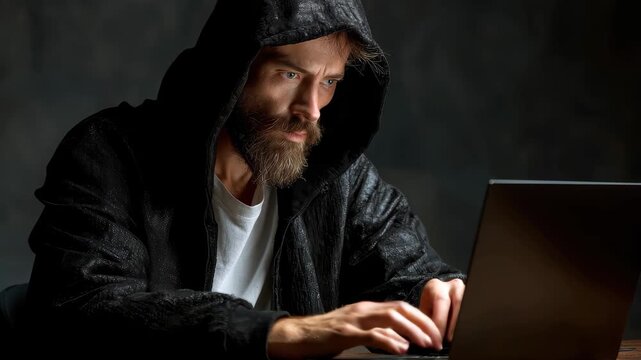 Hacker attempts login in a dark room using a laptop to breach cyber security system during late night hours